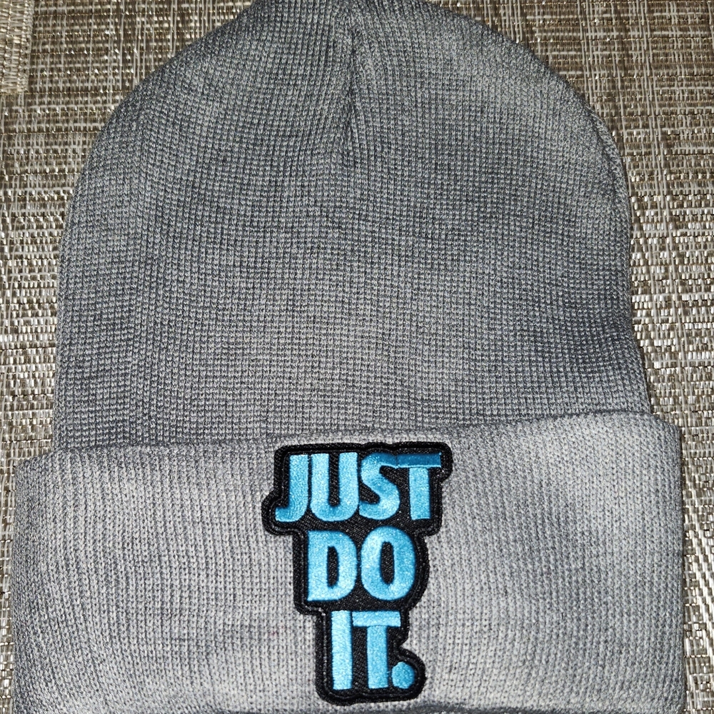 Hand Crafted Gray Beanie with "Just Do It"